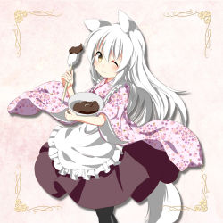 Rule 34 | 1girl, animal ears, apron, blush, bowl, chocolate, fox ears, fox tail, geso (nekomachi), holding, japanese clothes, kitsune, looking at viewer, mixing bowl, one eye closed, original, simple background, smile, solo, tail, white hair, wide sleeves, yellow eyes