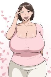 Rule 34 | 1girl, arm behind back, black eyes, breasts, brown hair, cherry blossom print, cleavage, denim, facing viewer, floral print, hand on own cheek, hand on own face, highres, huge breasts, leeoekaki, looking at viewer, open mouth, pants, pink shirt, shirt, short hair, smile, solo, thick thighs, thighs, white pants, wide hips