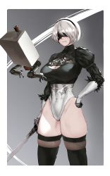Rule 34 | 1girl, black gloves, black thighhighs, blindfold, bluecup, breasts, cleavage, gloves, hairband, hand on own hip, highres, holding, holding sword, holding weapon, katana, leotard, mole, mole under mouth, nier (series), nier:automata, pod (nier:automata), puffy sleeves, short hair, silver hair, sword, thighhighs, weapon, 2b (nier:automata)