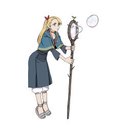Rule 34 | 1girl, blonde hair, blowing bubbles, braid, bubble, capelet, cocopeace, dress, dungeon meshi, full body, green eyes, grey dress, grey footwear, highres, marcille donato, pointy ears, ponytail, sandals, sidelocks, solo, staff, twin braids, white background