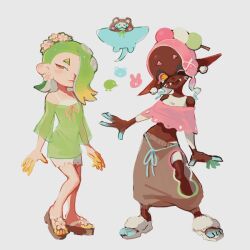 Rule 34 | 1boy, 2girls, big man (splatoon), blonde hair, closed mouth, clothing cutout, colored eyelashes, colored tips, commentary, dango, dark-skinned female, dark skin, earrings, fangs, fangs out, flower earrings, food, food on head, frye (splatoon), green hair, inkling, jewelry, long pointy ears, medium hair, multicolored hair, multiple girls, nintendo, object on head, octoling, official alternate costume, one eye closed, pointy ears, red eyes, reptacular, sandals, shiver (splatoon), simple background, splatoon (series), splatoon 3, symbol-only commentary, tentacle hair, two-tone hair, wagashi, white background, yellow eyes