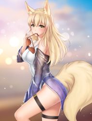 Rule 34 | 1girl, animal ear fluff, animal ears, arknights, blonde hair, blush, breasts, cowboy shot, eyewear in mouth, from side, gigamessy, large breasts, long hair, looking at viewer, mouth hold, nearl (arknights), one-piece swimsuit, simple background, solo, swimsuit, tail, tail raised, white one-piece swimsuit, yellow eyes
