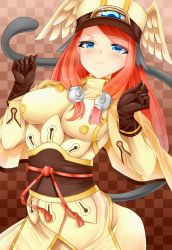 Rule 34 | 1girl, animal ears, arc system works, blazblue, blue eyes, blush, breasts, cape, cat ears, cat tail, frown, gloves, hair tubes, hat, highres, kemonomimi mode, long hair, looking down, red hair, snm (sunimi), solo, tail, third eye, tsubaki yayoi, uniform
