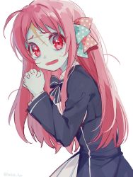 Rule 34 | 10s, 1girl, blue skin, bow, clenched hand, colored skin, green skin, hair bow, hair ornament, long hair, minamoto sakura, open mouth, pleated skirt, polka dot, red eyes, red hair, scar on face, scar on forehead, school uniform, skirt, third-party source, wheelofcourage, white skirt, zombie, zombie land saga
