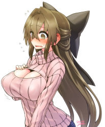 Rule 34 | 1girl, absurdres, blush, bow, breasts, brown eyes, brown hair, cleavage, cleavage cutout, clothing cutout, ear blush, hair bow, highres, kanayama nao, large breasts, long hair, long sleeves, meme attire, open-chest sweater, open mouth, original, ribbed sweater, simple background, solo, sweater, turtleneck, white background, yoshida hideyuki