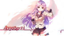 Rule 34 | 10s, 1girl, angel beats!, baisi shaonian, blazer, brown skirt, contrapposto, copyright name, highres, jacket, long hair, looking at viewer, pleated skirt, red eyes, school uniform, silver hair, skirt, solo, standing, tenshi (angel beats!), white wings, wings