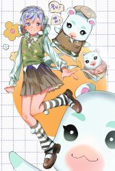 Rule 34 | 0428in, 1girl, :3, absurdres, animal, animal crossing, beret, blush, brown footwear, brown skirt, collared shirt, floral print, flurry (animal crossing), full body, green vest, hamster, hat, headphones, highres, long sleeves, looking at viewer, loose socks, multiple views, nintendo, open mouth, personification, pleated skirt, purple eyes, shirt, skirt, smile, socks, solo, striped clothes, striped socks, vest, white hair, white shirt