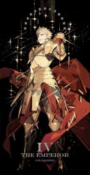 Rule 34 | 1boy, :d, armor, blonde hair, character name, commentary, cup, earrings, english commentary, fate/grand order, fate (series), full body, gilgamesh (fate), gold armor, highres, holding, holding cup, jewelry, light particles, male focus, necklace, non-web source, open mouth, red eyes, shiny clothes, short hair, smile, solo, sparkle, star (symbol), starshadowmagician, tarot, tarot (medium), teeth, text background, the emperor (tarot), upper teeth only