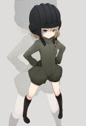 Rule 34 | 1girl, absurdres, black gloves, black headwear, blonde hair, blue eyes, bob cut, closed mouth, commentary, fang, full body, girls und panzer, gloves, green jumpsuit, grey background, hands on own hips, helmet, highres, jumpsuit, katyusha (girls und panzer), looking at viewer, pravda military uniform, sankon (choko-noki), short hair, short jumpsuit, simple background, skin fang, smile, solo, standing, tank helmet, zoom layer