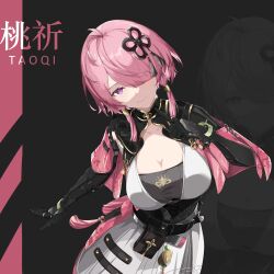 Rule 34 | 1girl, absurdres, ahoge, armor, belt pouch, black background, black gloves, black sash, breasts, character name, chinese knot, cleavage, collarbone, commentary, detached sleeves, dress, gauntlets, gloves, hair ornament, hair over one eye, highres, index finger raised, jewelry, large breasts, looking at viewer, low-tied sidelocks, one eye covered, pink hair, pink tassel, pleated skirt, pointing, pointing at self, pouch, purple eyes, ring, sash, short hair, short sleeves, shoulder armor, skirt, smile, solo, swept bangs, taoqi (wuthering waves), tassel, translation request, upper body, white dress, wuthering waves, xindongfang chaocai dashi, zoom layer