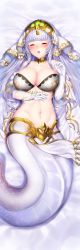 Rule 34 | 1girl, bare shoulders, blunt bangs, blush, breasts, bridal veil, cleavage, closed eyes, collarbone, echidna (granblue fantasy), elbow gloves, gloves, granblue fantasy, hair ornament, highres, kuro chairo no neko, lamia, large breasts, long hair, lying, monster girl, navel, on back, pelvic curtain, scales, silver hair, solo, stomach, teeth, upper teeth only, veil, very long hair, white gloves