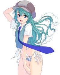 Rule 34 | 1girl, :d, blue eyes, blue hair, flat chest, hat, highres, kouno (masao), long hair, looking at viewer, necktie, open mouth, original, panties, side-tie panties, simple background, smile, solo, striped clothes, striped panties, teeth, underwear, vest, white background