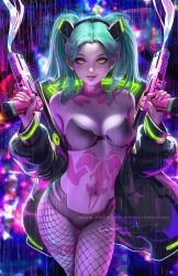 Rule 34 | 1girl, :p, artificial eye, artist name, black bra, black jacket, black panties, blurry, blurry background, bra, breasts, colored sclera, colored skin, commentary, contrapposto, cowboy shot, cyberpunk (series), cyberpunk edgerunners, dual wielding, english commentary, green hair, gun, handgun, hands up, highres, holding, holding weapon, jacket, leg tattoo, liang xing, long hair, looking at viewer, mechanical eye, neck tattoo, neon lights, open clothes, open jacket, outdoors, panties, patreon username, rebecca (cyberpunk), red eyes, red sclera, samurai jacket (cyberpunk), signature, small breasts, smoke, smoking barrel, solo, standing, stomach tattoo, straight-on, tattoo, tongue, tongue out, twintails, underwear, watermark, weapon, web address, white skin
