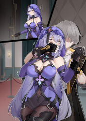 Rule 34 | 1boy, 1girl, absurdres, black gloves, black swan (honkai: star rail), breasts, caelus (honkai: star rail), chloroform, cleavage, covering another&#039;s mouth, dress, elbow gloves, empty eyes, gloves, gradient eyes, grey hair, hand over another&#039;s mouth, highres, honkai: star rail, honkai (series), kidnapping, multicolored eyes, purple dress, purple hair, sleeveless, sleeveless dress, trailblazer (honkai: star rail), wewlife