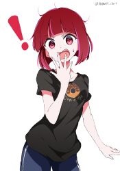 Rule 34 | !, 1girl, absurdres, alternate costume, arima kana, artist name, black shirt, blue pants, bob cut, breasts, commentary, doughnut, food, food print, hand up, highres, looking at viewer, medium breasts, multicolored hair, open mouth, oshi no ko, pants, pink hair, print shirt, red eyes, red hair, shirt, short sleeves, simple background, solo, streaked hair, surprised, sweatdrop, teeth, two-tone hair, upper teeth only, white background, white gorilla (okamoto)