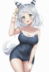 Rule 34 | 1girl, animal ears, black one-piece swimsuit, breasts, cleavage, commentary, competition school swimsuit, covered navel, cowboy shot, ear covers, grey hair, highres, hishi miracle (umamusume), horse ears, horse girl, horse tail, large breasts, looking at viewer, one-piece swimsuit, oshage (osyage921), school swimsuit, short hair, simple background, solo, swimsuit, tail, tracen swimsuit, umamusume, white background, yellow eyes