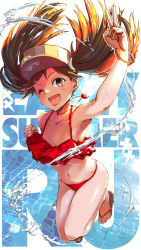 Rule 34 | 1girl, asava (hutaitenn), bikini, brown hair, collarbone, commentary request, frilled bikini, frills, full body, highres, jewelry, kantai collection, looking at viewer, magatama, necklace, one eye closed, red bikini, ryuujou (kancolle), sandals, solo, swimsuit, twintails, v, visor cap