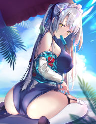 Rule 34 | 1girl, ass, back, bare shoulders, beach, black footwear, blue one-piece swimsuit, breasts, cameltoe, cloud, cloudy sky, ear piercing, food, from behind, half-closed eyes, highleg, highleg swimsuit, highres, kaniya shiku, large breasts, long hair, long sleeves, looking at viewer, looking back, maid headdress, mole, mole under eye, mouth hold, off shoulder, one-piece swimsuit, original, outdoors, piercing, popsicle, sandals, sitting, skindentation, sky, swimsuit, thigh strap, thighhighs, thighs, very long hair, wariza, white hair, white thighhighs, yellow eyes