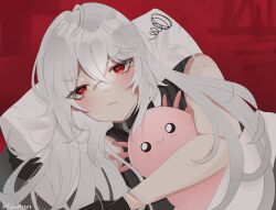 Rule 34 | 1boy, a date with death, axolotl, bare shoulders, bishounen, black gloves, casper (a date with death), gloves, highres, long hair, male focus, red background, red eyes, simple background, sleeveless, solo, stuffed animal, stuffed toy, white hair, yukari1508