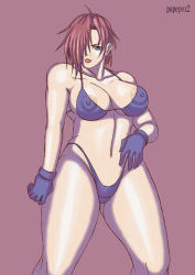 Rule 34 | 1girl, bikini, blue eyes, bra, breasts, curvy, female focus, gloves, hair over one eye, large breasts, lingerie, nipples, panties, papepox2, red hair, short hair, simple background, snk, solo, standing, swimsuit, the king of fighters, thighs, underwear, vanessa (kof)