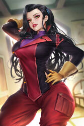 Rule 34 | 1girl, arm behind head, asami sato, avatar legends, black hair, black jacket, blurry, blurry background, breasts, collared shirt, gloves, green eyes, hair ornament, hairclip, hand on own hip, highres, indoors, jacket, large breasts, long hair, looking at viewer, multicolored clothes, multicolored jacket, neoartcore, pants, pocket, popped collar, purple shirt, red lips, red pants, shirt, solo, the legend of korra, yellow gloves