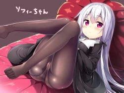 Rule 34 | 10s, 1girl, black dress, blush, brown background, brown pantyhose, closed mouth, commentary request, dress, feet, hair between eyes, legs up, long hair, looking at viewer, lying, no shoes, on back, panties, panties under pantyhose, pantyhose, purple eyes, silver hair, solo, sophie twilight, tonari no kyuuketsuki-san, translation request, underwear, usume shirou, very long hair