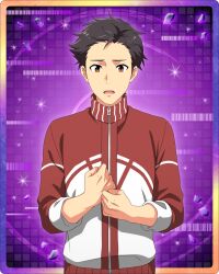 Rule 34 | 1boy, black hair, brown eyes, clenched hands, idolmaster, idolmaster side-m, idolmaster side-m growing stars, jacket, kimura ryu, male focus, official art, open mouth, sleeves rolled up, solo, sportswear, track jacket, zipper