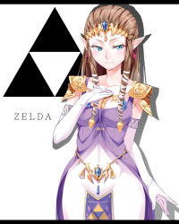 Rule 34 | 1girl, blue eyes, braid, brown hair, character name, collarbone, earrings, elbow gloves, ginopi, gloves, hair ribbon, hand on own chest, highres, jewelry, letterboxed, long hair, looking to the side, lots of jewelry, nintendo, pointy ears, princess zelda, ribbon, sidelocks, smile, solo, the legend of zelda, the legend of zelda: twilight princess, tiara, tress ribbon, triforce, white gloves