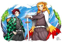 Rule 34 | 2boys, belt, blue sky, checkered clothes, closed mouth, earrings, forked eyebrows, hands on hilt, hatching (texture), holding, holding sheath, holding weapon, jewelry, kamado tanjirou, katana, kimetsu no yaiba, long hair, long sleeves, male focus, multicolored hair, multiple boys, odyssey 21, orange hair, outdoors, patterned, patterned clothing, petals, ponytail, red eyes, red hair, rengoku kyoujurou, scabbard, scar, scar on face, scar on forehead, sheath, signature, sky, smile, sword, tree, turtleneck, uniform, weapon, wide sleeves