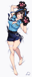 Rule 34 | 1girl, absurdres, animal ears, animal hands, barefoot, belt, black belt, blue necktie, blue shirt, blue skirt, breasts, cat ears, cat paws, cleavage, cuffs, fang, feet, full body, gloves, handcuffs, hat, highres, kanojo okarishimasu, large breasts, legs, looking at viewer, lying, necktie, on back, open mouth, partially unbuttoned, paw gloves, pencil skirt, pink eyes, police, police hat, police uniform, policewoman, radjeong, shirt, short sleeves, skirt, smile, solo, thigh strap, toes, uniform, yaemori mini