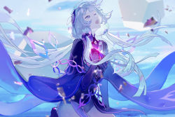 Rule 34 | 1girl, abstract background, black dress, black gloves, blue background, blue hair, blurry, blurry foreground, chinese commentary, clenched hand, commentary request, cowboy shot, dress, glass shards, gloves, hand on own chest, kneeling, lirseven, long hair, music, open mouth, purple eyes, singing, solo, synthesizer v, tagme, twintails, very long hair, xingchen