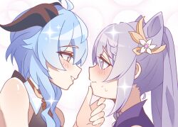 Rule 34 | 2girls, bare shoulders, blue hair, blurry, blush, bokeh, bright pupils, brown eyes, commentary request, cone hair bun, depth of field, ganyu (genshin impact), genshin impact, hair bun, hand on another&#039;s chin, highres, horns, keqing (genshin impact), long hair, multiple girls, parted lips, purple eyes, purple hair, smile, sparkle, sweat, twintails, upper body, white background, white pupils, wu qin (gyxx 04), yuri