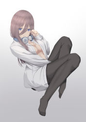 Rule 34 | 1girl, 2022, absurdres, araishi maro, arm up, bad id, bad pixiv id, black pantyhose, blue eyes, blush, breasts, closed mouth, collarbone, dress shirt, full body, go-toubun no hanayome, hair between eyes, headphones, headphones around neck, highres, long hair, looking at viewer, medium breasts, nakano miku, no bra, no shoes, open clothes, open shirt, pantyhose, red hair, shirt, simple background, sitting, solo, white shirt