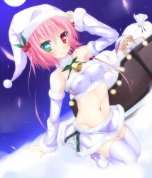 Rule 34 | 2girls, alternate color, aqua eyes, bandeau, bell, blonde hair, blue eyes, blush, breasts, brown eyes, chibi, christmas, collar, covered erect nipples, detached sleeves, green eyes, hair ornament, hat, heart, heart-shaped pupils, heterochromia, impossible clothes, jpeg artifacts, kneeling, looking at viewer, midriff, multiple girls, navel, neck bell, night, original, perky breasts, pink eyes, pink hair, red eyes, sack, santa hat, skirt, sleigh, snow, strapless, striped legwear, suterii, symbol-shaped pupils, thighhighs, tube top, white legwear