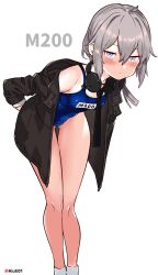 Rule 34 | 1girl, absurdres, ahoge, aiuti, black jacket, blue one-piece swimsuit, feet out of frame, girls&#039; frontline, grey hair, hair between eyes, highres, jacket, long hair, looking at viewer, m200 (girls&#039; frontline), name connection, one-piece swimsuit, purple eyes, school swimsuit, simple background, solo, swimsuit, white background