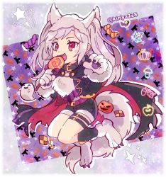 Rule 34 | 1girl, animal ears, animal hands, belt, candy, cookie, fire emblem, fire emblem awakening, fire emblem heroes, food, gloves, grima (fire emblem), halloween costume, highres, holding, kiriya (552260), lollipop, long sleeves, nintendo, open mouth, paw gloves, red eyes, robin (female) (fire emblem), robin (fire emblem), shorts, solo, tail, thigh strap, twintails, twitter username, white hair, wolf ears, wolf tail