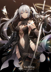 Rule 34 | 1girl, ahoge, arm tattoo, armor, bare shoulders, black dress, black footwear, black gloves, black nails, black ribbon, boots, breasts, center opening, cleavage, cowboy shot, dress, elbow gloves, expressionless, fingerless gloves, gauntlets, gloves, grey eyes, guitar, hair ribbon, hatsune miku, headphones, highres, instrument, kiyo (chaoschyan), long hair, looking at viewer, medium breasts, microphone, nail polish, navel, nier:automata, nier (series), number tattoo, parted lips, ribbon, side slit, silver hair, single elbow glove, single gauntlet, single glove, sleeveless, sleeveless dress, solo, standing, stomach, sword, tattoo, thigh boots, thighhighs, thighhighs under boots, twintails, unsheathed, very long hair, vocaloid, weapon