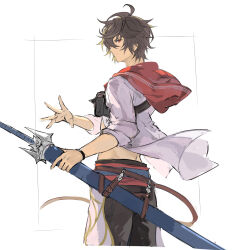Rule 34 | 1boy, ahoge, belt, bishounen, brown belt, brown hair, commentary, commentary request, cowboy shot, expressionless, fanny pack, floating clothes, from side, granblue fantasy, hair between eyes, highres, holding, holding sword, holding weapon, hood, hood down, jacket, light frown, looking at viewer, male focus, male swimwear, messy hair, osamu (jagabata), parted lips, red eyes, sandalphon (granblue fantasy), sandalphon (summer) (granblue fantasy), scabbard, sheath, short hair, simple background, sketch, solo focus, summer, swim trunks, sword, weapon, white background, white jacket