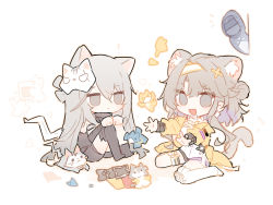 Rule 34 | 1other, 2girls, animal ear fluff, animal ears, arknights, black legwear, black shorts, cat ears, cat girl, cat tail, closed mouth, commentary request, doctor (arknights), double bun, dress, grey eyes, grey hair, hair between eyes, hair bun, hair ornament, highres, jacket, kazemaru (arknights), long sleeves, mask, mask on head, multiple girls, open clothes, open jacket, origami, outstretched arms, peeking out, puffy long sleeves, puffy sleeves, renren, short shorts, shorts, single sock, single thighhigh, sitting, socks, tail, thighhighs, wariza, white background, white dress, white legwear, x hair ornament, yellow jacket