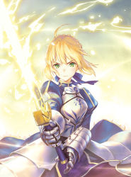 Rule 34 | 1girl, ahoge, armor, armored dress, artoria pendragon (all), artoria pendragon (fate), blonde hair, blue dress, blue ribbon, braid, breastplate, closed mouth, cloud, commentary request, dress, excalibur (fate/stay night), fate/stay night, fate (series), faulds, fighting stance, floating hair, french braid, gauntlets, glowing, glowing sword, glowing weapon, green eyes, hair ribbon, highres, hisakata souji, holding, holding sword, holding weapon, juliet sleeves, long sleeves, looking at viewer, puffy sleeves, ribbon, saber (fate), serious, short hair, sidelocks, sky, solo, standing, sword, v-shaped eyebrows, weapon, wind
