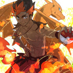 Rule 34 | 1boy, blue eyes, charizard, collarbone, creatures (company), dark-skinned male, dark skin, eyebrows, fire, flame-tipped tail, game freak, gen 1 pokemon, hand on own hip, holding, holding poke ball, jewelry, kanimaru, kiawe (pokemon), looking at viewer, male focus, multicolored hair, muscular, necklace, nintendo, poke ball, poke ball (basic), pokemon, pokemon (creature), pokemon sm, red hair, standing, topless male, twitter username, wristband