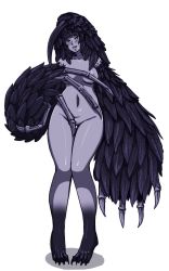 Rule 34 | absurdres, artist request, bird, blush, breasts, colored skin, covering privates, covering crotch, crow, dark souls (series), dark souls i, demon, highres, looking at viewer, ornifex, purple skin, red eyes, weaponsmith ornifex, wide hips, wings