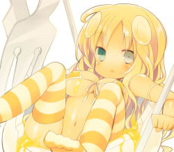 Rule 34 | 1girl, bikini, blonde hair, blush, breasts, cleavage, colored skin, covered erect nipples, egg, food, fork, green eyes, heterochromia, lying, navel, on back, open mouth, original, personification, petite, small breasts, solo, striped clothes, striped thighhighs, swimsuit, thighhighs, underboob, wet, yellow skin, yuzuki gao