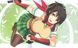 Rule 34 | 10s, 1girl, arm guards, asuka (senran kagura), black hair, black thighhighs, breasts, brown eyes, dual wielding, hair ribbon, holding, keikei (kitty colors), large breasts, md5 mismatch, open mouth, plaid, plaid skirt, pleated skirt, resolution mismatch, ribbon, scarf, school uniform, senran kagura, shoes, sidelocks, skirt, solo, source larger, sweater vest, sword, thighhighs, weapon, zettai ryouiki