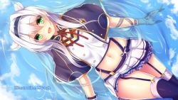 Rule 34 | 1girl, :d, ahoge, alzano school uniform, artist name, blue capelet, blue hairband, blush, breasts, buttons, capelet, choker, crop top, double-breasted, end card, garter straps, gloves, green eyes, hair between eyes, hair intakes, hair strand, hairband, highres, long hair, looking at viewer, lying, midriff, miniskirt, navel, official art, on back, open mouth, pleated skirt, reflection, reflective water, rokudenashi majutsu koushi to akashic record, school uniform, shiny skin, silver hair, sistine fibel, skirt, small breasts, smile, solo, stomach, suspender skirt, suspenders, syroh, thighhighs, thighs, upskirt, very long hair, water, wrist cuffs, zettai ryouiki