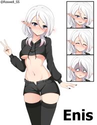 1girl absurdres blush breasts character_name collarbone cowboy_shot fingernails highres medium_breasts medium_hair multicolored_hair multiple_views navel original pointy_ears roswell_ss short_shorts shorts simple_background solo thighhighs thighs underboob upper_body v white_background white_hair