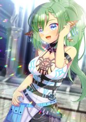 Rule 34 | 1girl, :d, bare shoulders, black pants, blue eyes, blue nails, blurry, blurry background, braid, braided bangs, breasts, character request, cleavage, collarbone, commentary request, commission, day, depth of field, dress, green hair, hair between eyes, hand up, kou hiyoyo, long hair, looking at viewer, medium breasts, nail polish, open mouth, outdoors, pants, phantasy star, phantasy star online 2, pointy ears, ponytail, skeb commission, sleeveless, sleeveless dress, smile, solo, very long hair, white dress