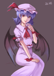 Rule 34 | 1girl, ascot, bat wings, blue hair, fangs, fingernails, grey background, hand on lap, hand on own knee, hand up, hat, hat ribbon, highres, lips, lleu, long fingernails, looking at viewer, mob cap, nail polish, nose, parted lips, pointy ears, red eyes, remilia scarlet, ribbon, sharp fingernails, short hair, short sleeves, simple background, sitting, skirt, skirt set, solo, touhou, wings, wrist ribbon