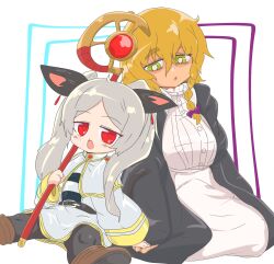 Rule 34 | 2girls, absurdres, animal ears, belt, black belt, black cloak, black pantyhose, black shirt, blonde hair, bow, braid, breasts, brown footwear, buttons, capelet, cloak, commentary request, cookie (touhou), cosplay, dress, fern (sousou no frieren), fern (sousou no frieren) (cosplay), frieren, frieren (cosplay), full body, gem, gold trim, green eyes, grey hair, hair between eyes, hair bow, highres, kirisame marisa, large breasts, long bangs, long dress, long hair, looking at viewer, mage staff, mars (cookie), messy hair, mesugakida to omoikonde iru o~tsu, mouse ears, mouse girl, mouse tail, multiple girls, nazrin, nyon (cookie), open mouth, pantyhose, parted bangs, purple bow, red eyes, red gemstone, seiza, shirt, side braid, single braid, sitting, skirt, skirt set, smile, sousou no frieren, striped clothes, striped shirt, tail, touhou, twintails, wavy hair, white capelet, white dress, white shirt, white skirt