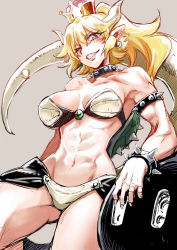 Rule 34 | 1girl, abs, armlet, bare shoulders, bikini, blonde hair, blush, bowsette, bracelet, breasts, cleavage, collar, crown, earrings, green eyes, grey background, grin, highres, horns, jewelry, kurose kousuke, large breasts, leaning on object, long hair, looking at viewer, mario (series), muscular, muscular female, navel, new super mario bros. u deluxe, nintendo, pointy ears, ponytail, sharp teeth, simple background, smile, smirk, solo, spiked armlet, spiked bracelet, spiked collar, spikes, super crown, swimsuit, tail, teeth, thighs, turtle shell